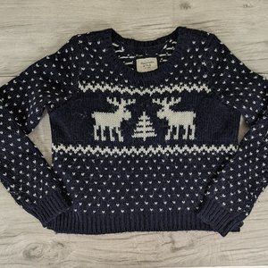Abercrombie & Fitch Wool Blend Reindeers & Pine Tree Blue Cropped Sweater sz M